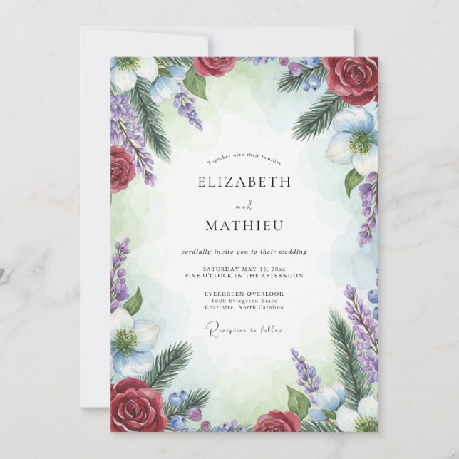 Invitation Mariage Pin Éucalyptus Améthyste Rouge Cramoisi (Devant)