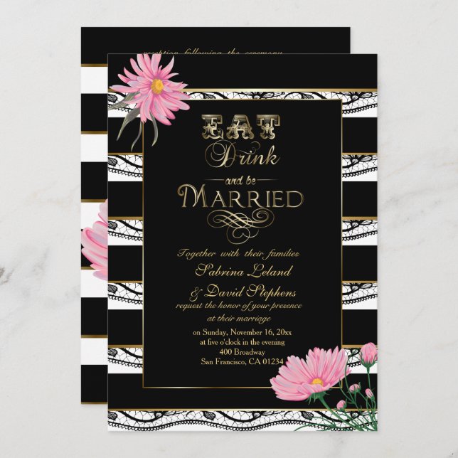 Invitation Mariage Pink Mums Black Lace White Stripes (Devant / Derrière)