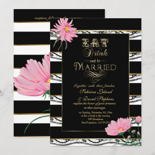 Invitation Mariage Pink Mums Black Lace White Stripes