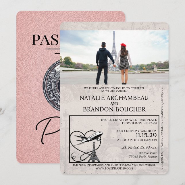 Invitation Mariage Pink Paris Passport (Devant / Derrière)