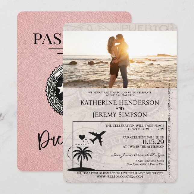 Invitation Mariage Pink Porto Rico Passport (Devant / Derrière)
