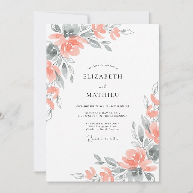 Invitation Mariage Pivoine Ardoise Corail Doux (Devant)