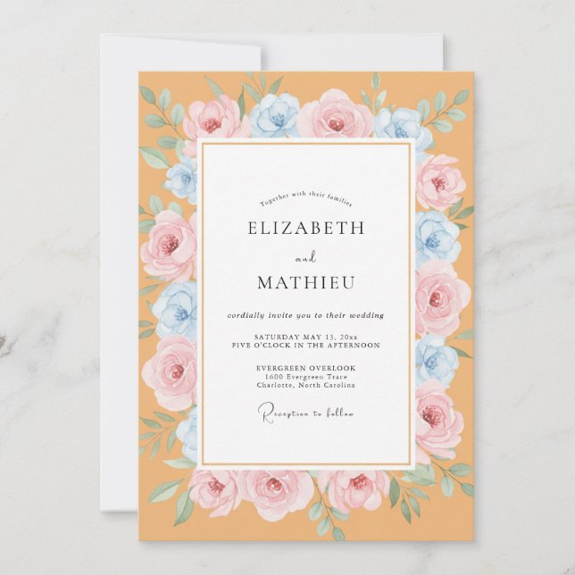 Invitation Mariage Pivoine Azur Abricot (Devant)