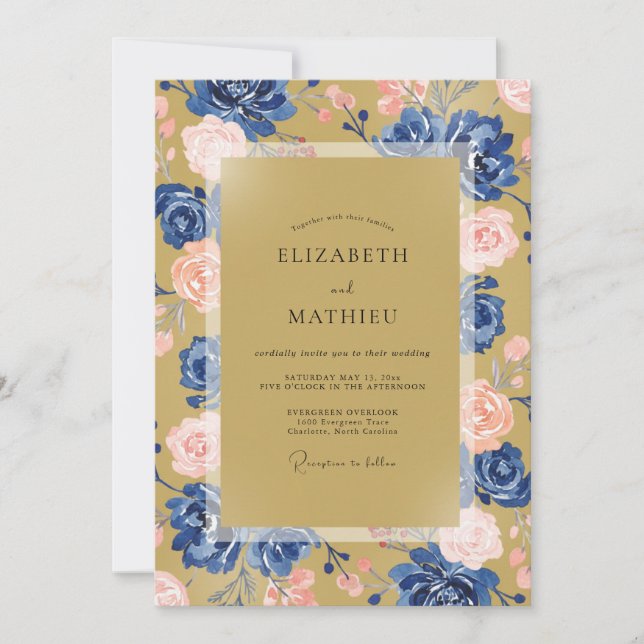 Invitation Mariage Pivoine Bleuet Moutarde (Devant)