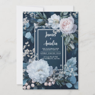 Invitation Mariage Pivoine Eucalyptus Rose Bleu Poussiéreux
