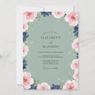 Invitation Mariage Pivoine Indigo Rose Poussiéreux