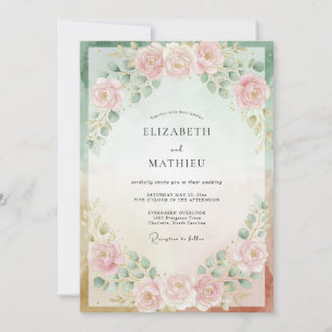 Invitation Mariage Pivoine Menthe Teintée de Rose Pâle