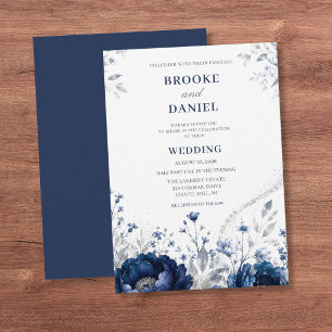 Invitation Mariage Pivoine Navy Argent Paillettes Moderne
