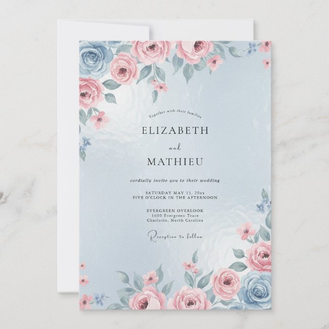 Invitation Mariage Pivoine Pale Pâleur Pervenche (Devant)