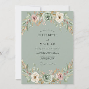 Invitation Mariage Pivoine Pêche Céladon