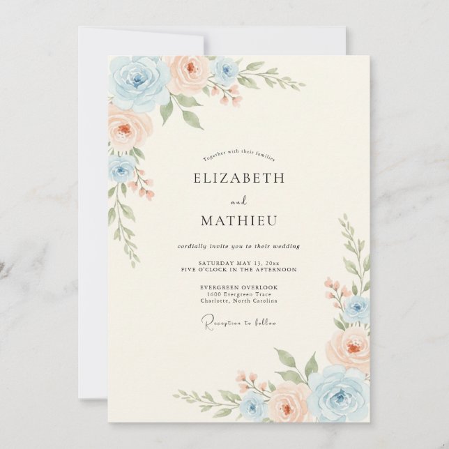 Invitation Mariage Pivoine Pêche Rosée Ciel (Devant)