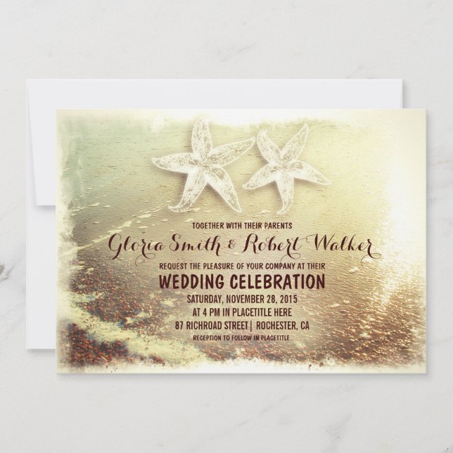 Invitation Mariage plage d'étoiles de mer couple et plage vag (Devant)