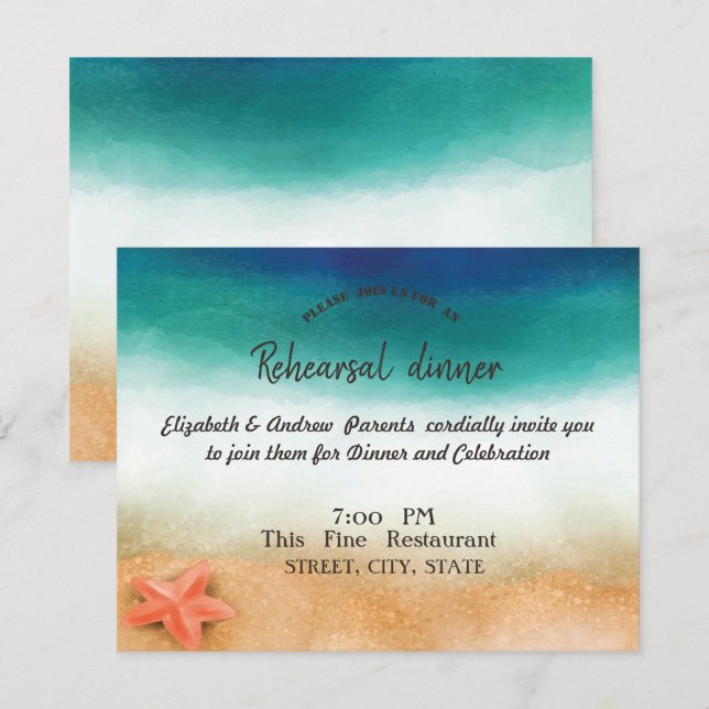Invitation Mariage plage, Dîner de répétition de poisson étoi (Devant / Derrière)