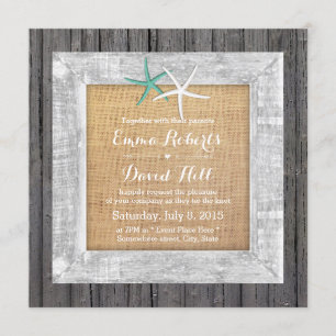 Invitation Mariage plage Poisson Vintage en bois encadré Star