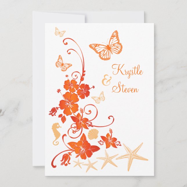 Invitation Mariage plage | Sable, Orange, Blanc | Fleurs (Devant)