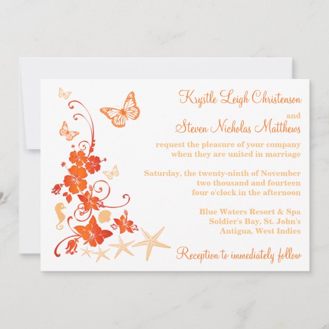 Invitation Mariage plage | Sable, Orange, Blanc | Fleurs (Devant)