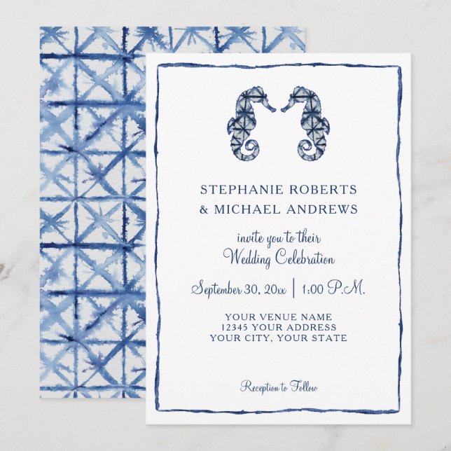 Invitation Mariage plage Shibori Indigo Aquarelle Seahorse (Devant / Derrière)