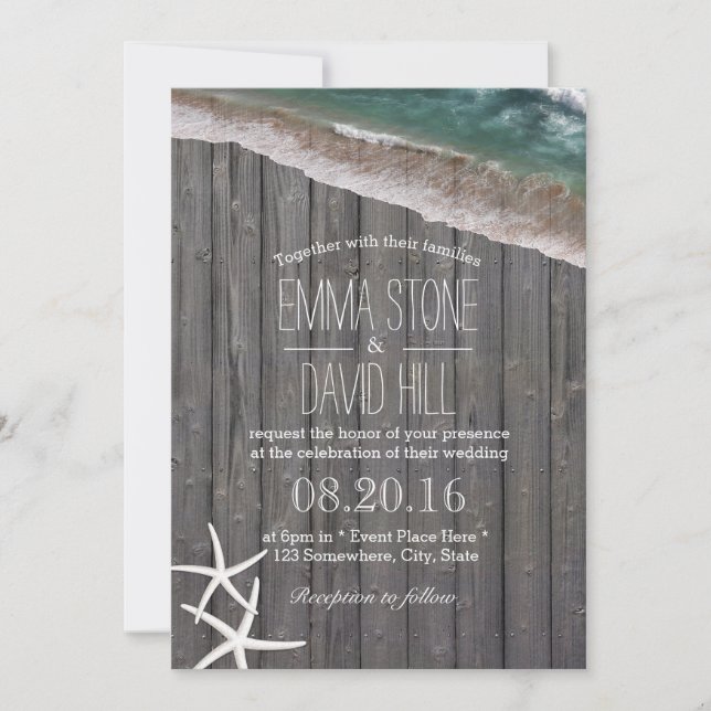 Invitation Mariage plage Starfish & Waves Bois rustique (Devant)