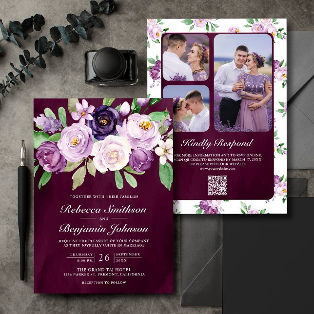 Invitation Mariage Plum Moody Plum Violet Floral QR Code fonc (Créateur téléchargé)