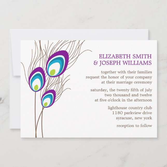 Invitation Mariage Plumes Peacock Violet (Devant)