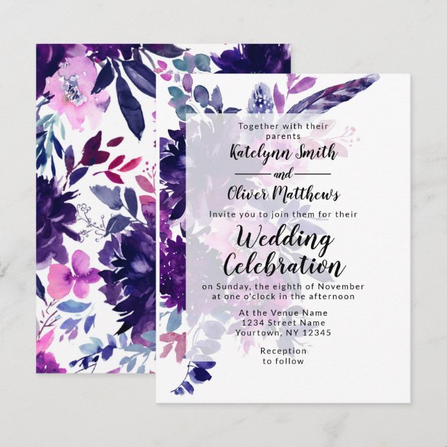 Invitation Mariage Plumes violettes violettes florales enchan (Devant / Derrière)