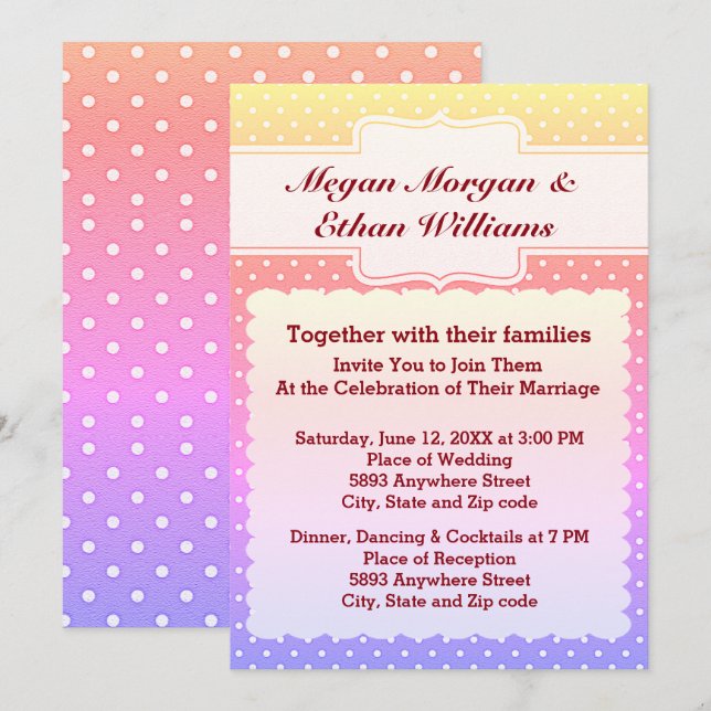 Invitation Mariage Pois jaune, rose, bleu et blanc (Devant / Derrière)
