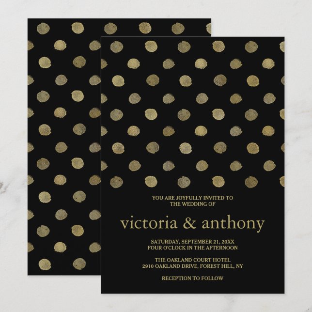 Invitation Mariage Pois moderne Black & Gold (Devant / Derrière)