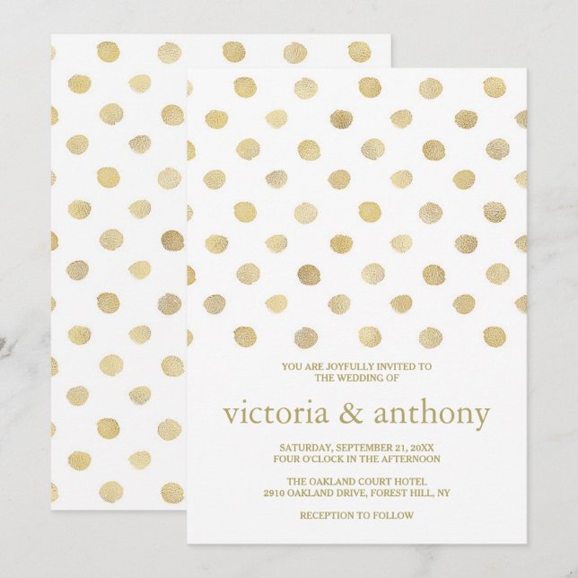 Invitation Mariage Pois moderne blanc et or (Devant / Derrière)