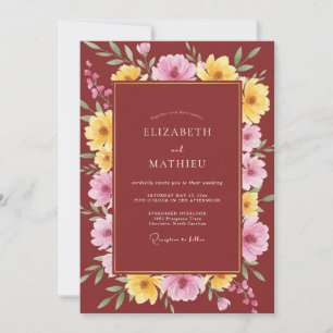 Invitation Mariage Poppy Or et Bordeaux