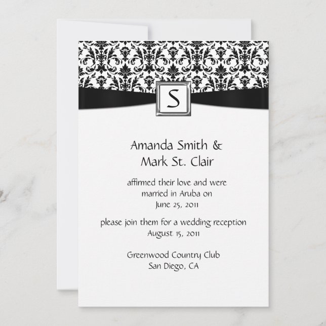 Invitation Mariage postal noir blanc Damask (Devant)