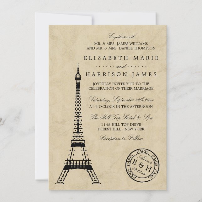 Invitation Mariage postal vintage Tour Eiffel Paris (Devant)