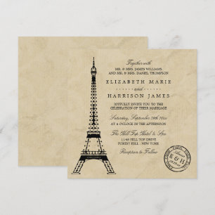 Invitation Mariage postal vintage Tour Eiffel Paris