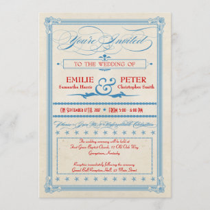 Invitation Mariage poster vintage rouge, blanc et bleu, RSVP
