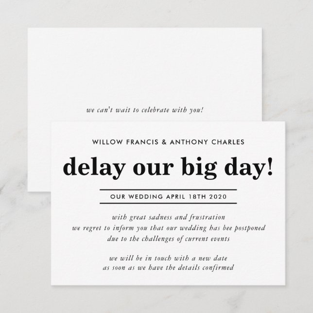 Invitation MARIAGE POSTPONED retarder notre grande journée d' (Devant / Derrière)