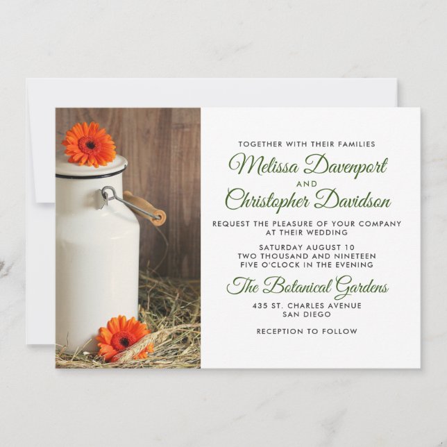 Invitation Mariage Pot à Lait Blanc Rustique avec Fleurs (Devant)