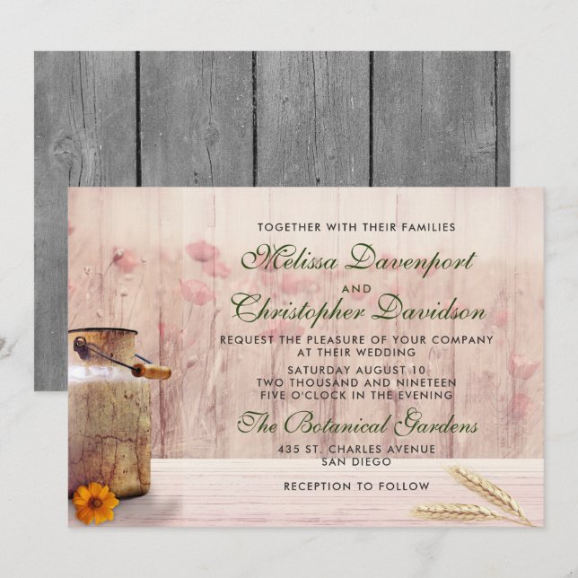 Invitation Mariage Pot à Lait Rustique avec Blé et Fleurs (Devant / Derrière)