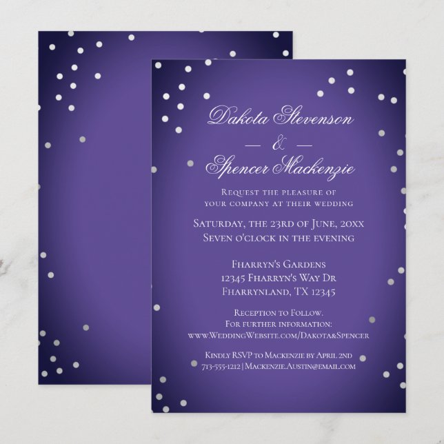 Invitation Mariage pourpre | Chic Ultra Violet Argent Confett (Devant / Derrière)