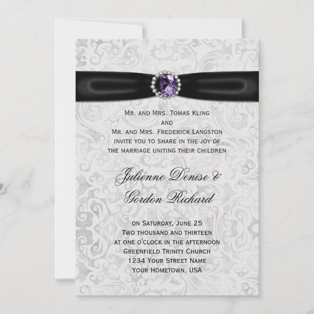 Invitation Mariage pourpre de bijou de damassé de ruban (Devant)