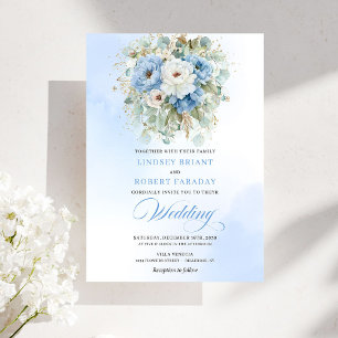 Invitation Mariage poussiéreux bleu blanc Pivoine Or Jardin