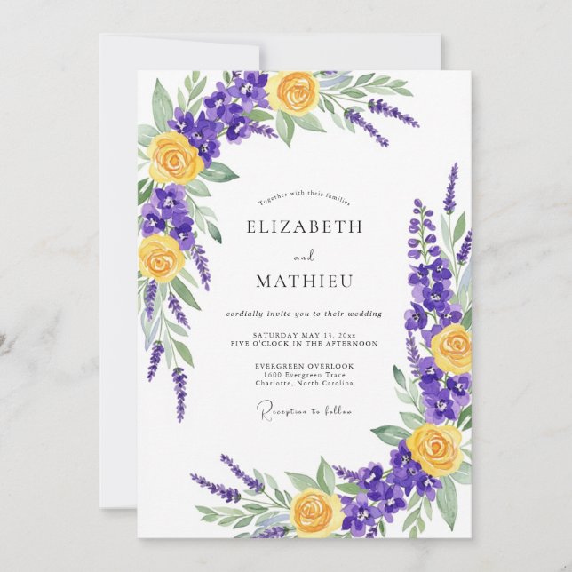 Invitation Mariage Prairie Vibrante Jaune Violet (Devant)