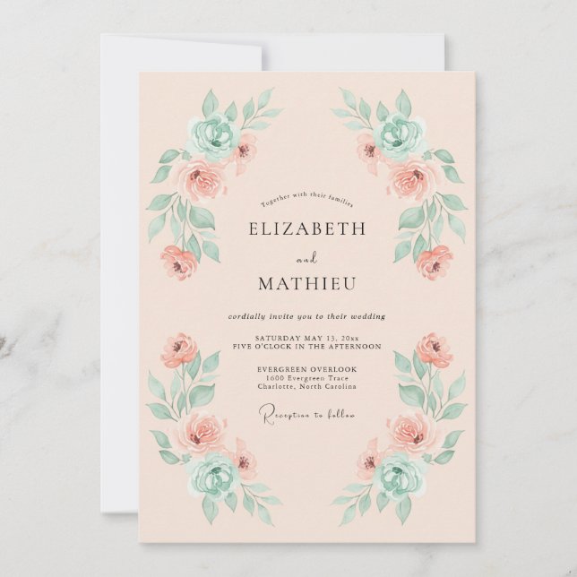 Invitation Mariage printanier aéré au corail et à la menthe (Devant)