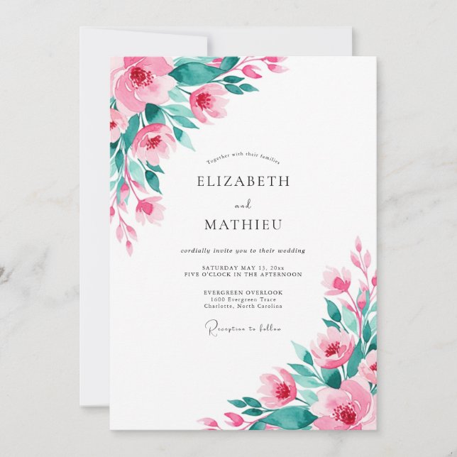 Invitation Mariage printanier atmosphérique rose sarcelle (Devant)
