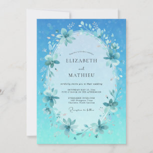 Invitation Mariage printanier cyan peint à la main