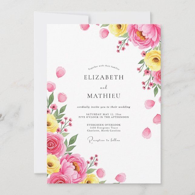 Invitation Mariage printanier exubérant rose jaune (Devant)
