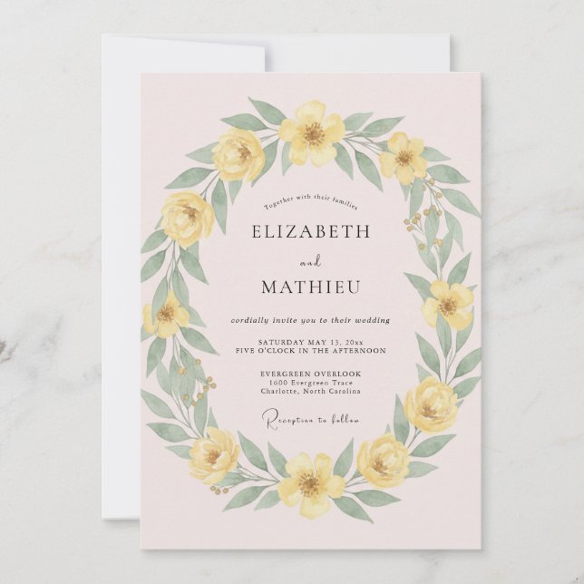 Invitation Mariage printanier fantaisiste jaune (Devant)
