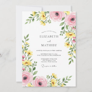 Invitation Mariage printanier rose jaune bienheureux