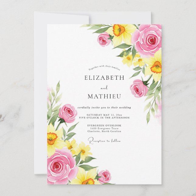 Invitation Mariage printanier rose jaune jubilatoire (Devant)