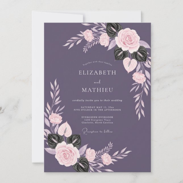 Invitation Mariage Profond Améthyste Feuillu (Devant)