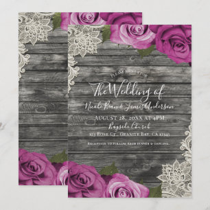Invitation Mariage profond fuchsia rose gris bois rustique de