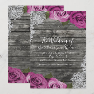 Invitation Mariage profond Fuchsia Rose Gris Rustique Blanc D